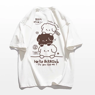 NFV เสื้อยืดลายน้องหมาน่ารักสไตล์เกาหลี ผ้าฝ้าย แขนสั้น โอเวอร์ไซซ์ ใส่สบาย ลายพิมพ์แฟชั่น YG1022