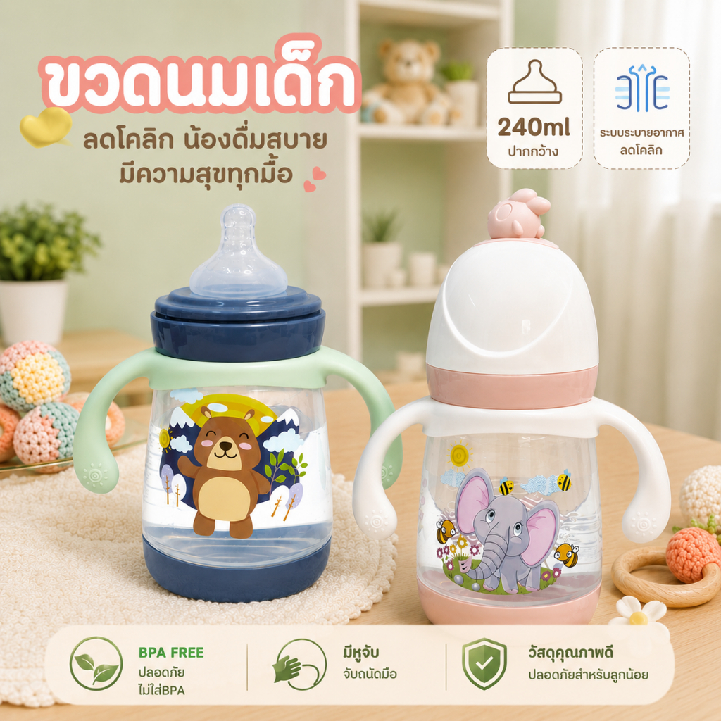 ขวดนม BPA ฟรีขวดนม 240ml ต่อต้านท้องอืดซิลิโคนจุกนมเลียนแบบนมแม่เส้นผ่าศูนย์กลางกว้างง่ายต่อการล้างมากกว่า 6 เดือน