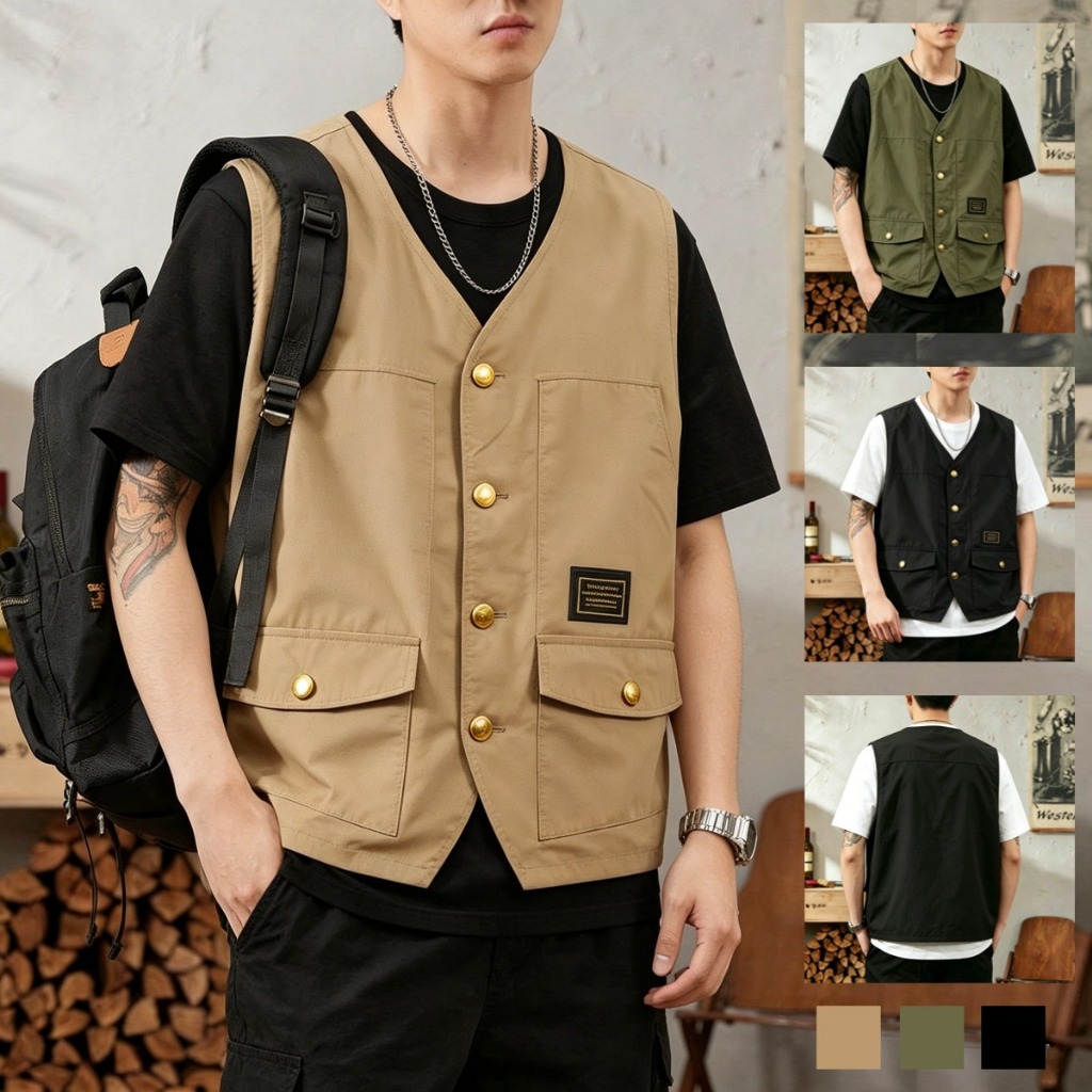 เสื้อกั๊กเดินป่าคอวีหลายกระเป๋าผ้านิ่มใส่สบายระบายอากาศได้ดีแนวสตรีทเหมาะสําหรับกิจกรรมกลางแจ้ง
