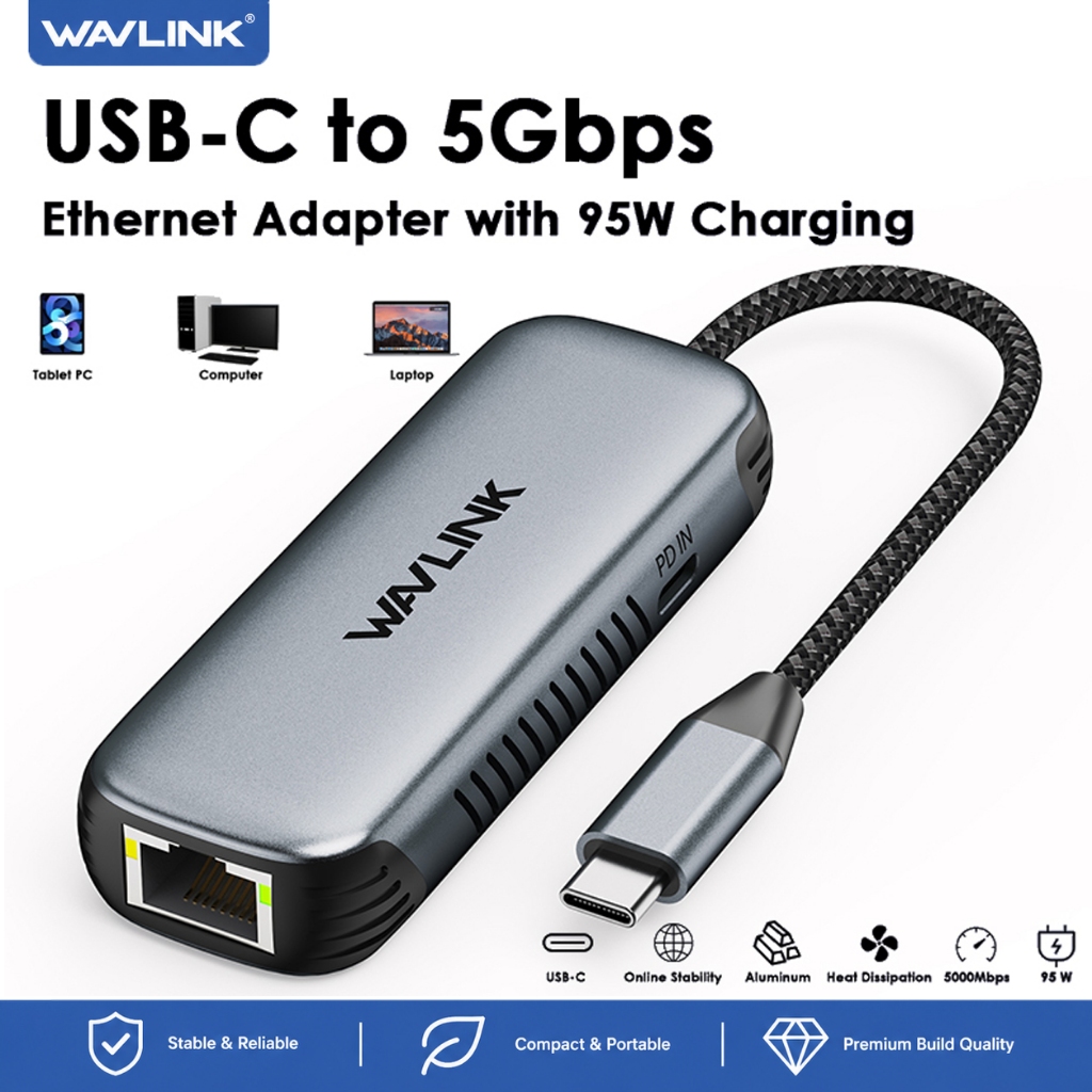 WAVLINK อะแดปเตอร์ USB C เป็น Ethernet 5Gbps RJ45 พร้อมพอร์ตชาร์จ 95W