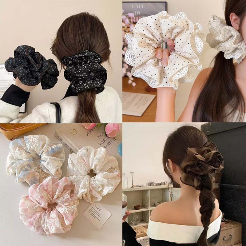 P ผ้าผูกผมลายสก๊อตพรีเมี่ยมลายสก๊อตขนาดใหญ่สี่ชั้นผมTie All-Matchเครื่องประดับผมBall Hair
