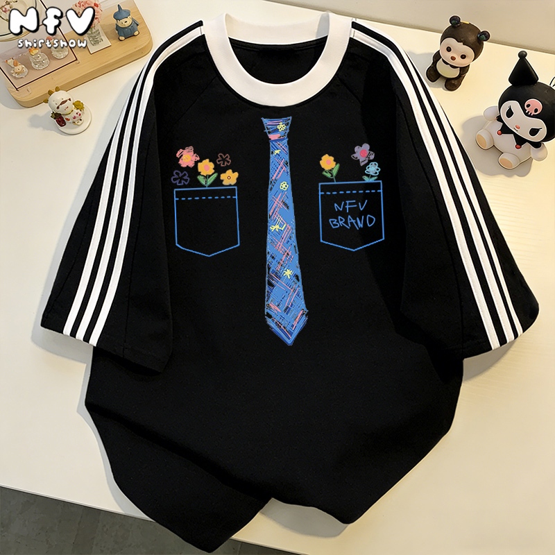 NFV สไตล์เกาหลี ลายพิมพ์เนคไทสีน้ำเงิน เสื้อยืด oversize ใส่สบาย ระบายอากาศ ผ้าฝ้าย YG1349