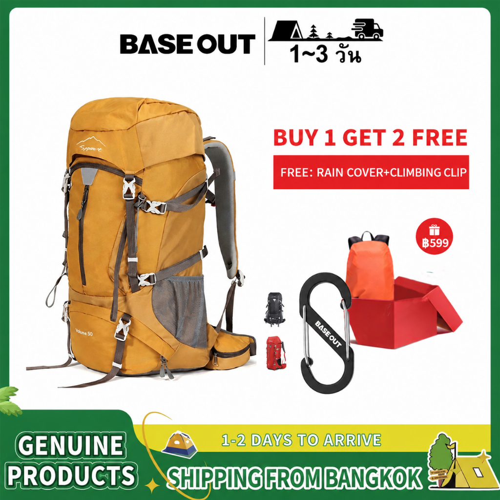 BASE OUT 50L กลางแจ้งเดินป่ากระเป๋าความจุขนาดใหญ่เดินป่ากระเป๋าเป้สะพายหลังกันน้ำ
