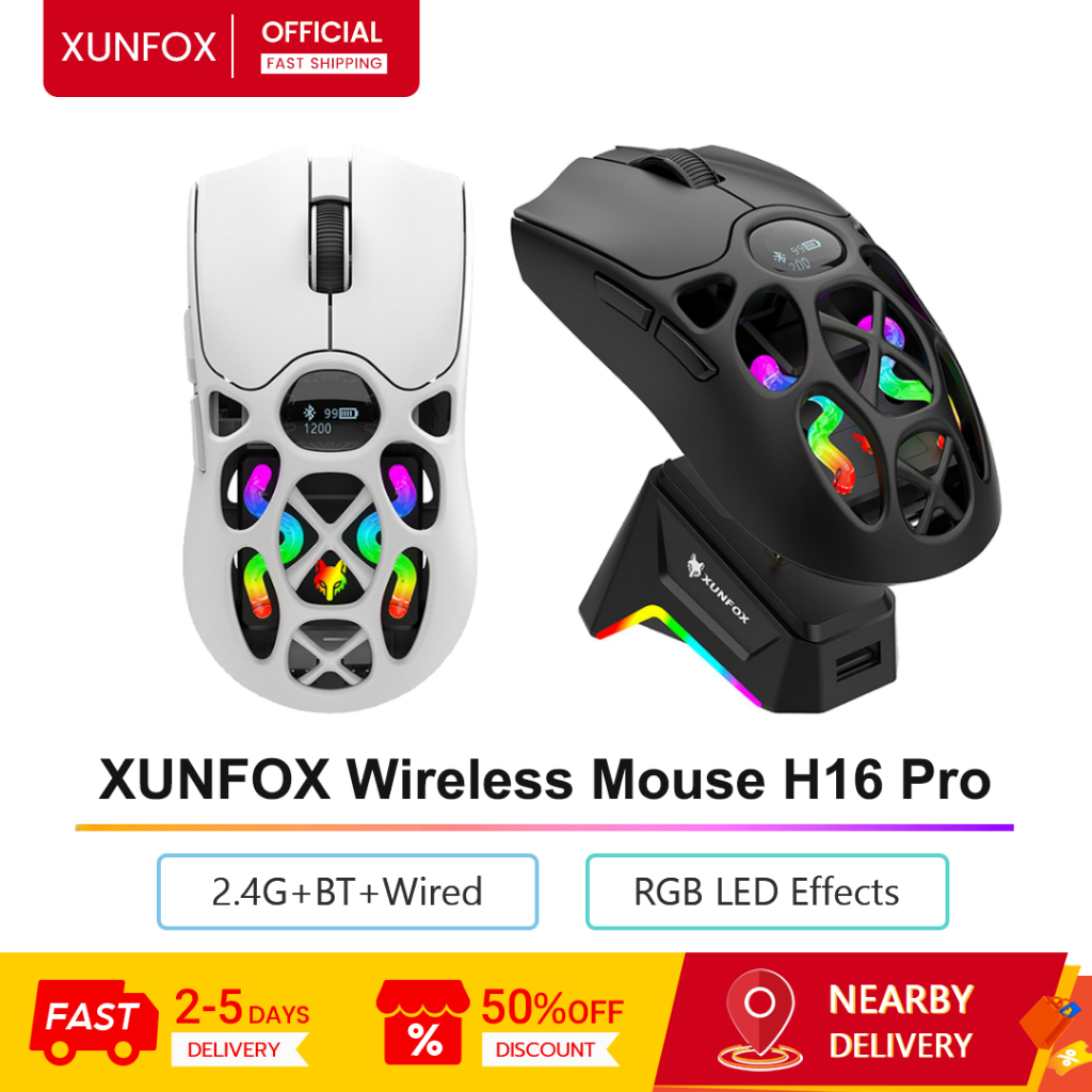 เมาส์ไร้สาย XUNFOX H16 Pro 2.4G/ Bluetooth/ แบบมีสาย 6 ความเร็ว DPI เมาส์สําหรับเล่นเกมแม่เหล็กชาร์จ