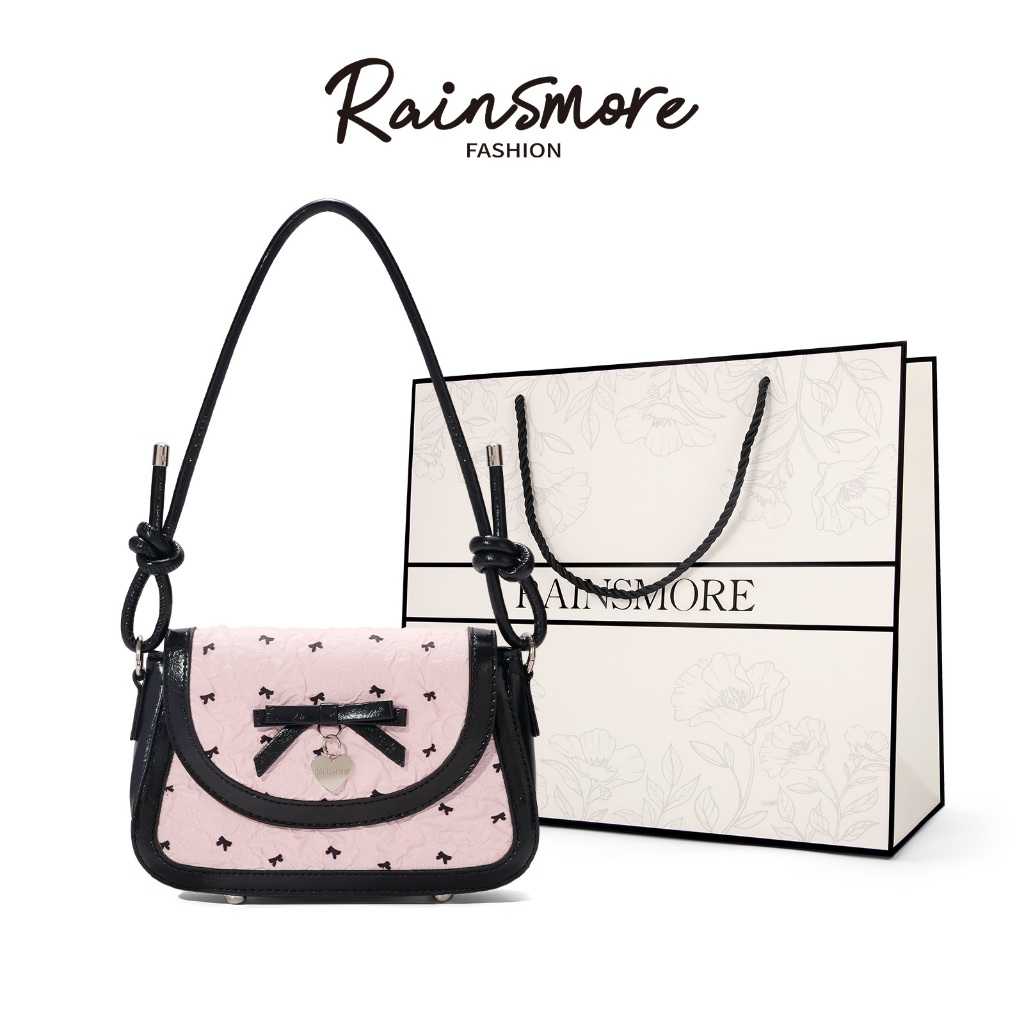 RAINSMORE กระเป๋า Messenger ไหล่เดียวสีชมพูสีดํา-กระเป๋าสะพายข้างสุภาพสตรีเกาหลีพร้อมโบว์น่ารักสไตล์เกาหลีสไตล์ Love Bean