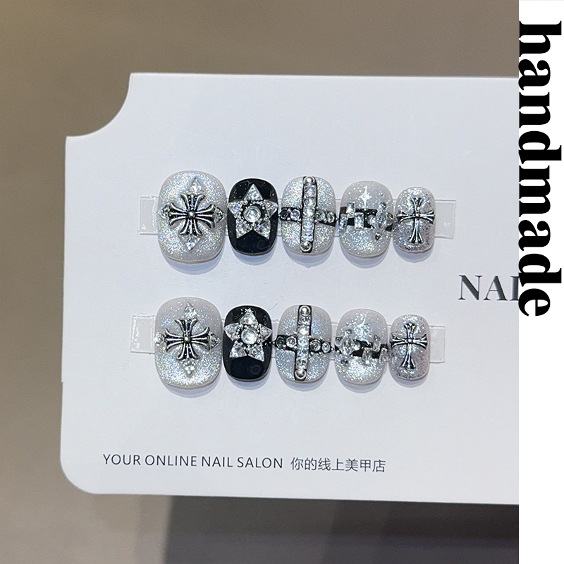 กดบนเล็บทําด้วยมือ [Xingtu Bright] Full Zirconium Crow Heart Cats Eye Boutique เล็บทําด้วยมือสวมใส่เ