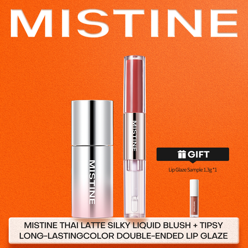 【HOT 2PCS】 MISTINE THAI มิสทิน บลัชออนน้ำเนื้อกำมะหยี่ สไตล์ไทยลาเต้ 7g+มิสทิน ลิปกลอสดูโอ้ ทิปซี่ ติดทน 1.5g+1.5g