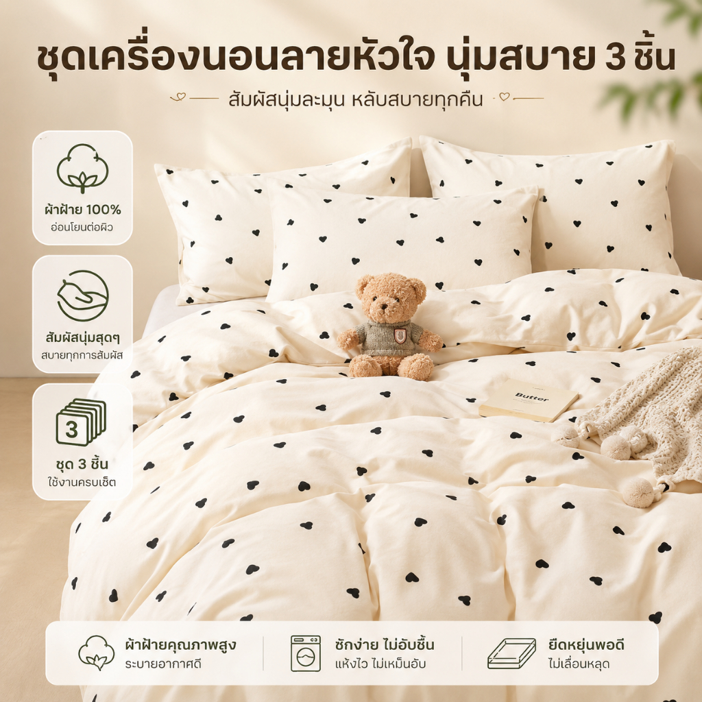 ชุดเครื่องนอนปลอกผ้านวม 3ใน1  พิมพ์หัวใจ พิมพ์ลายดอกไม้ พิมพ์ลายริ้ว | ผ้านุ่มใส่เตียงมาตรฐานทั้งหมด