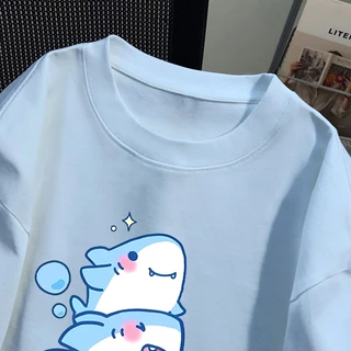 【ของพร้อมส่ง ส่งใน 24 ชั่วโมง】🔥เสื้อยืด ทรงใหญ่ ฤดูร้อน แขนสั้น มินิมอล ลายฉลาม🦈 ยูนิเซ็กส์ เทรนด์ คอกลม เสื้อ YG1235