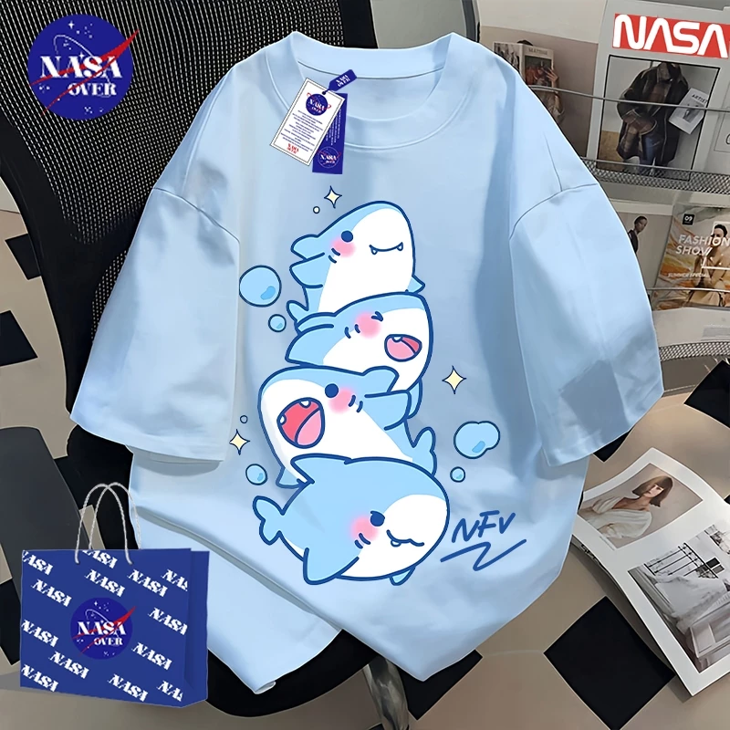 【ของพร้อมส่ง ส่งใน 24 ชั่วโมง】🔥เสื้อยืด ทรงใหญ่ ฤดูร้อน แขนสั้น มินิมอล ลายฉลาม🦈 ยูนิเซ็กส์ เทรนด์ คอกลม เสื้อ YG1235
