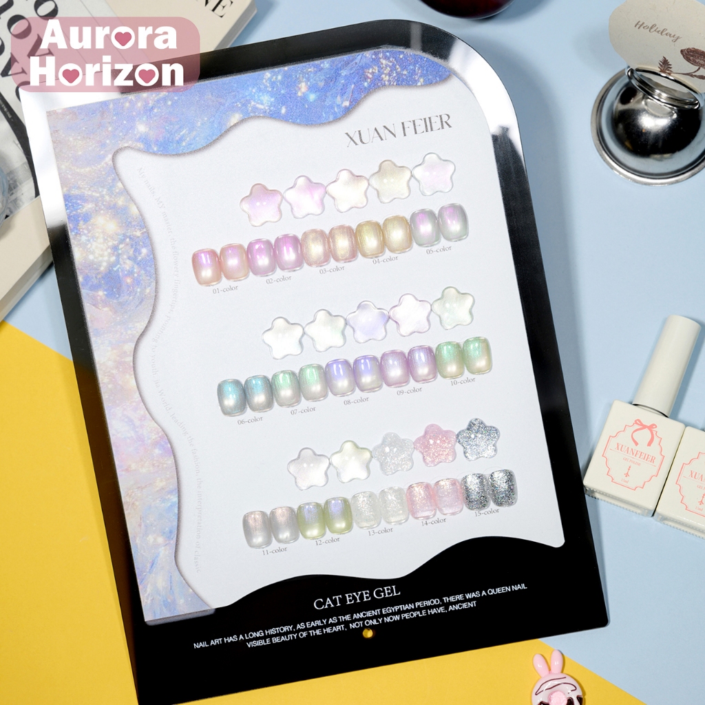 XUANFEIER Professional Aurora Cat Eye Gel 15 สี เม็ดสีแน่น เอฟเฟกต์แม่เหล็กคม กลิตเตอร์ละเอียด