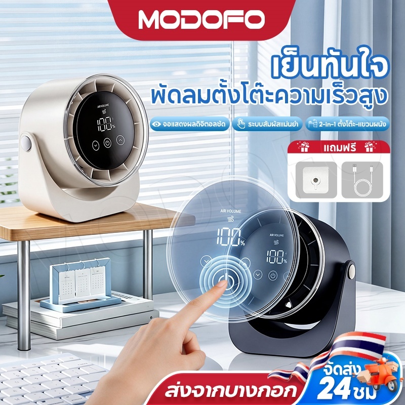 MODOFO  พัดลมไร้เสียงความเร็วสูง 2in1 ติดผนังและตั้งโต๊ะ จอแสดงผล Led 100 สปีด มุมปรับ180องศา