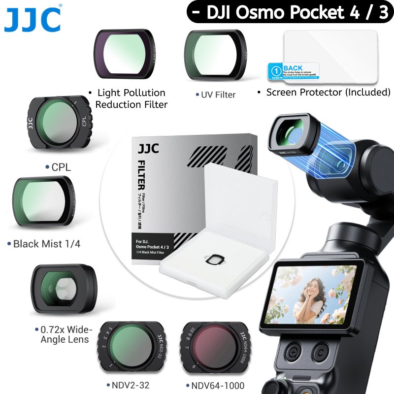 JJC Pocket 4 & 3 ชุดกรองแม่เหล็ก CPL 1/4 Black Mist 0.72x เลนส์มุมกว้าง UV Light Pollution Reduction ND2-32 ปรับ ND64-1000 กรองสําหรับ DJI Osmo Pocket 4
