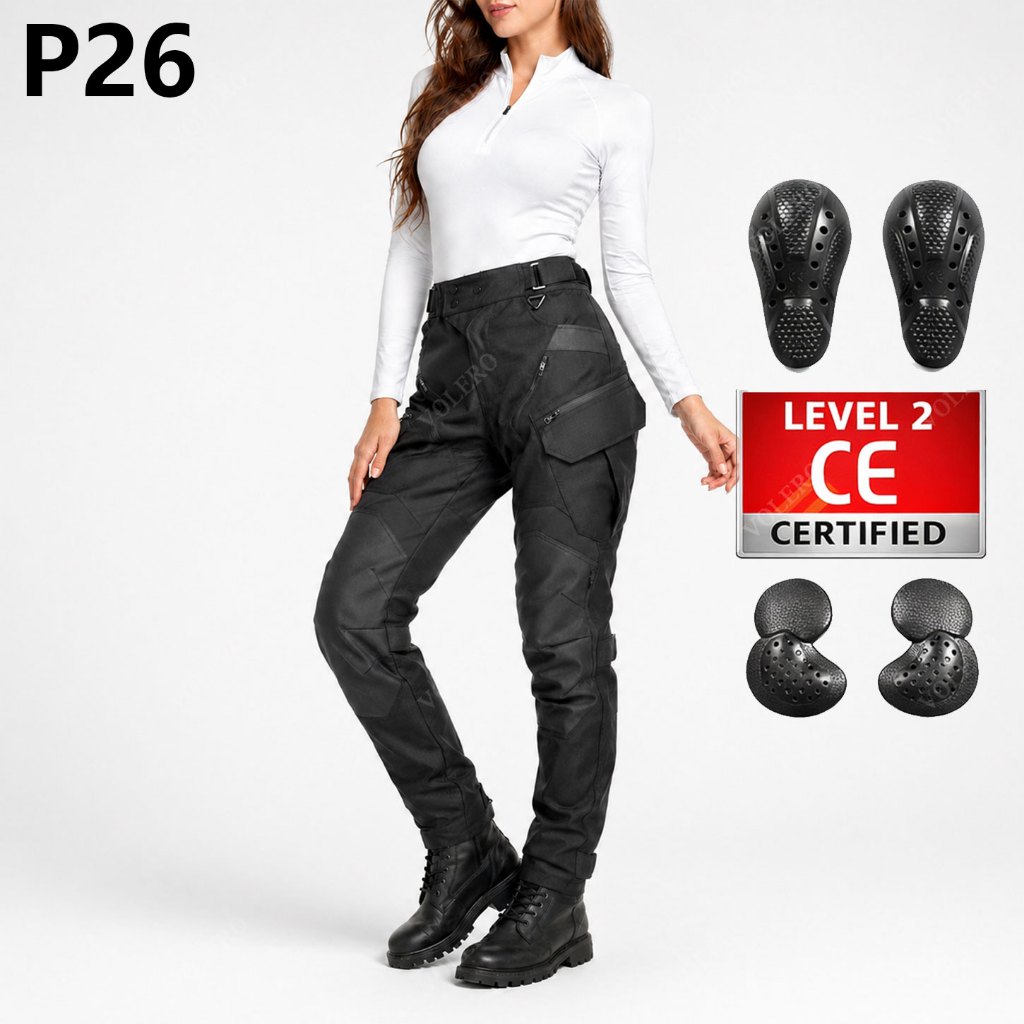 P26 ผู้หญิง Cordura ขี่รถจักรยานยนต์กางเกง Lady Biker Cargo กางเกงที่ถอดออกได้ CE ระดับ 2 เกราะความก