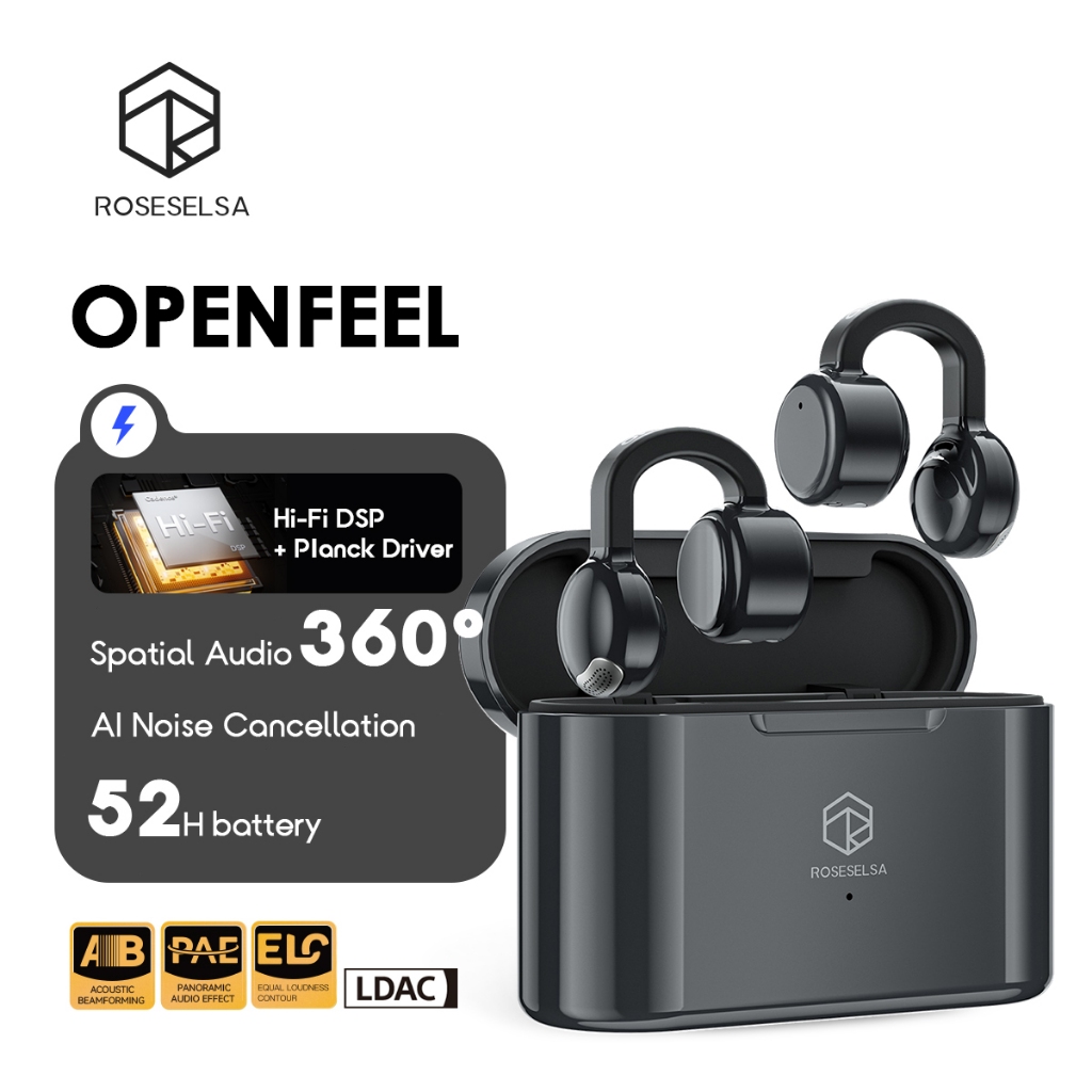 ROSESELSA OPENFEEL หูฟังไร้สายแบบ Clip-On  ดีไซน์เปิดหู ใส่ออกกำลังกายแน่น ไม่อุดหู  แบตอึด 52 ชม.  โหมดเกม LC3 ดีเลย์ต่ำ 20ms  Bluetooth 5.4  รองรับ LDAC / LHDC เสียง Hi-Fi