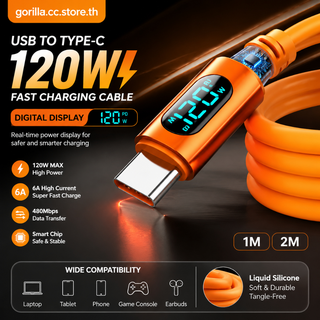 สายชาร์จ USB to Type-C 120W 6A จอดิจิตอลเรียลไทม์ ซิลิโคนเหลว ดีไซน์ใส ชาร์จเร็ว โอนข้อมูล 480Mbps 1M/2M