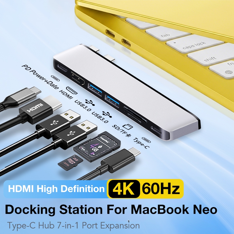 สถานีเชื่อมต่อ USB C 7-in-1 สําหรับ MacBook Neo, 4K 60Hz HDMI, 30W PD, 2USB 3.0 5Gbps, SD/TF 3.0, USB-C 3.0 Data Hub