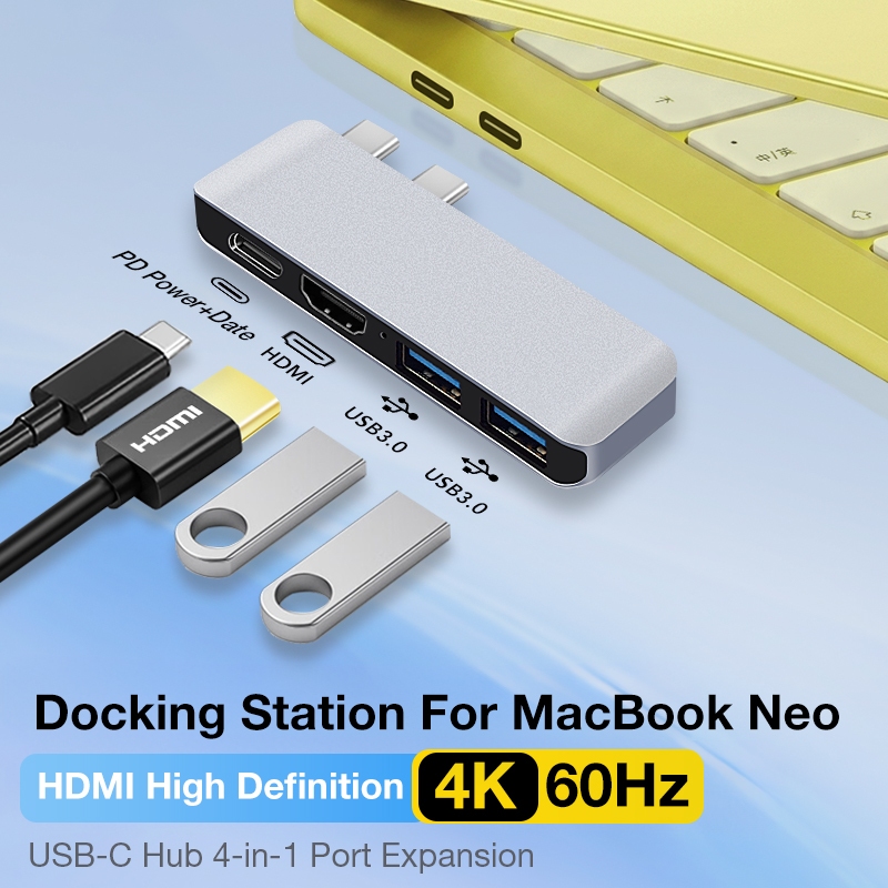 4 in 1USB C Hub Docking Station สําหรับ MacBook Neo, 4-in-1 Docking Station: PD 30W, HDMI 4K60Hz, 2x