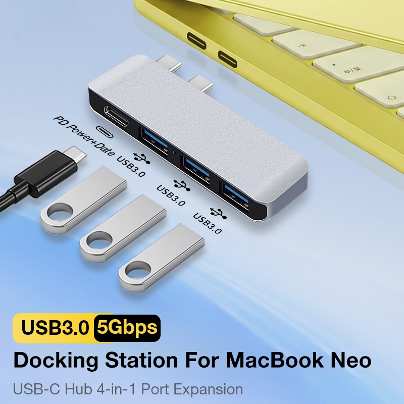 ฮับ USB-C 4-in-1 สําหรับ MacBook Neo, PD 30W Fast Charging, 3xUSB 3.0 5Gbps Typec Docking Station