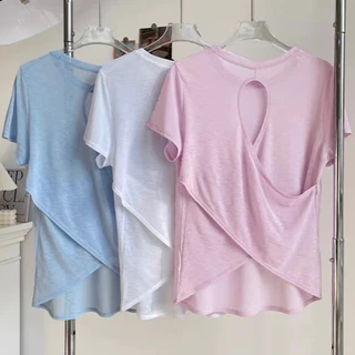 เสื้อยืดโยคะ เสื้อคลุมกีฬา สำหรับผู้หญิง คอกลม ทรงหลังโฮลโลว์สวยๆ วัสดุฝ้ายสายไผ่ ระบายอากาศดี กีฬายืดนุ่ม สไตล์ทรงกระบอกแขนสั้น