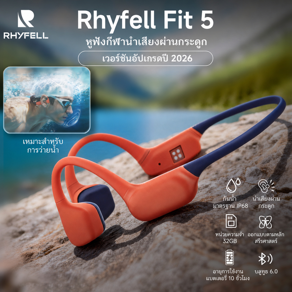 รุ่นอัปเกรดใหม่ หูฟังนำกระดูก RHYFELL FIT5 IP68 กันน้ำว่ายน้ำ วิ่งออกกำลังกาย Bluetooth6.0 มี32GB MP3ในตัว แบตใช้งาน10ชม. มีไมค์ในตัว ดีไซน์เปิดหู สปอร์ตกลางแจ้ง