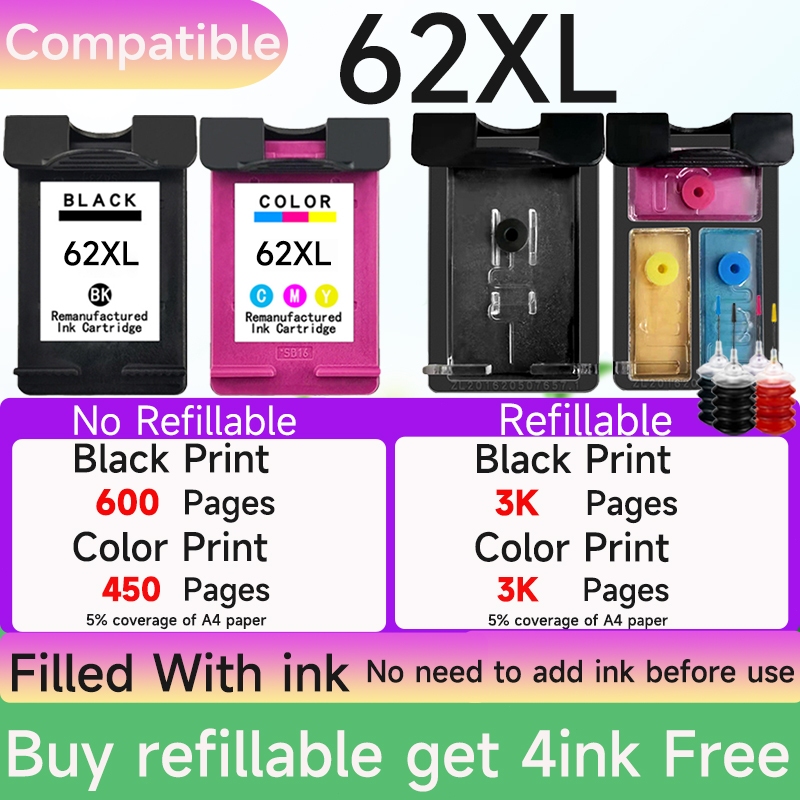 ใช้งานร่วมกับ hp 62xl ตลับหมึก hp62xl hp 62 xl เติมเติม เข้ากันได้สําหรับ 5745 5740 5741 5742 5743 5
