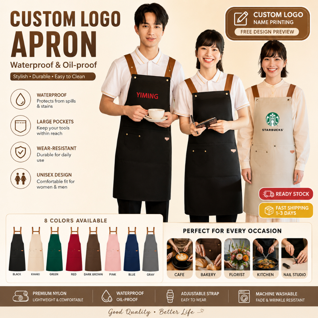 พร้อมสต็อกโลโก้ที่กําหนดเองผ้ากันเปื้อนกันน้ําครัวคาเฟ่ร้านอาหารเครื่องแบบน้ํามันหลักฐานบาริสต้าผ้ากันเปื้อนสําหรับผู้หญิงผู้ชาย