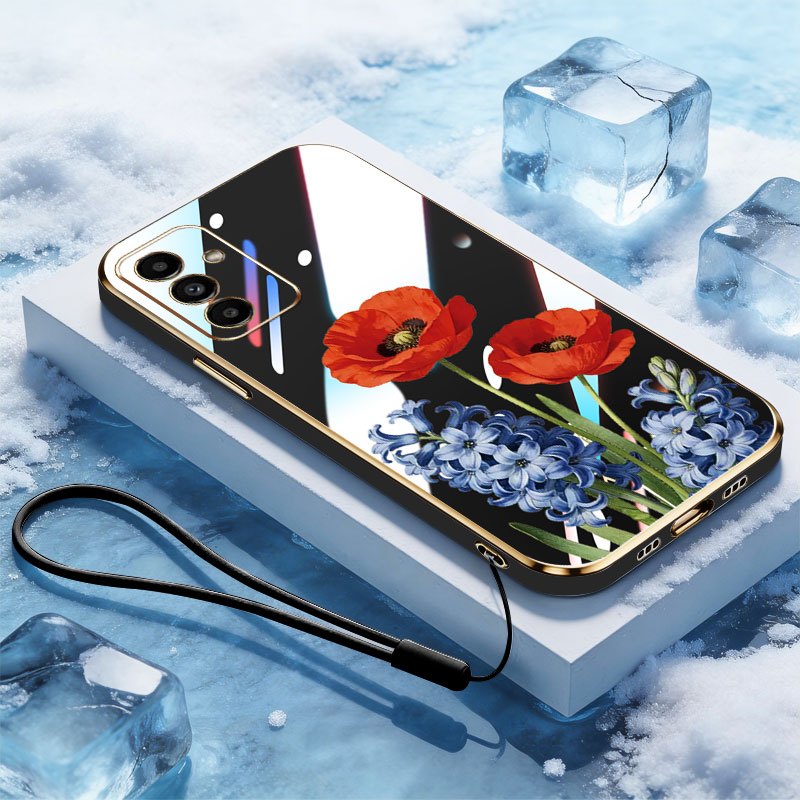 SAMSUNG YBDเคสโทรศัพท์สําหรับSamsung Galaxy A26 A34 A35 A36 A53 A54 A55 A56 M54 F54 5Gเลนส์Electroplated Full-wrap Soft Shell Brightสีแดงทรัมเป็ตดอกไม้