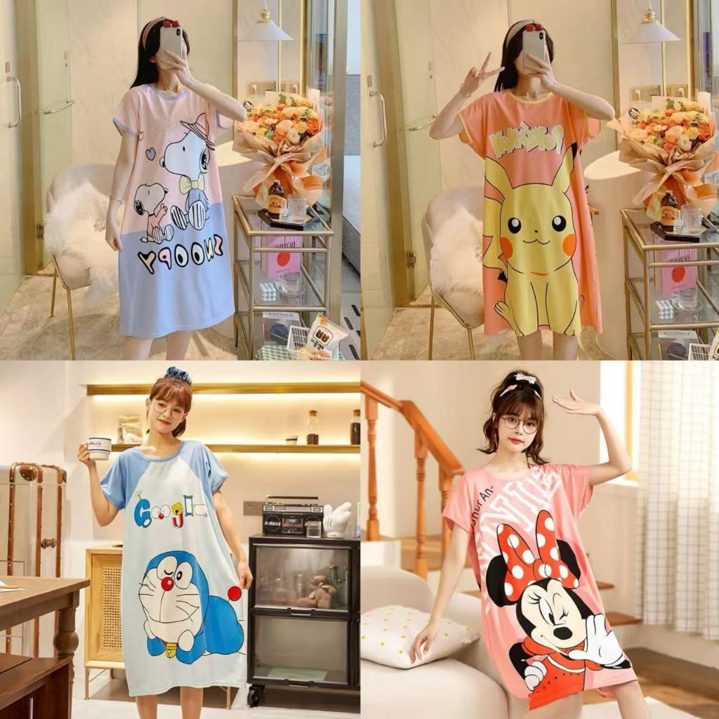 ชุดนอนเดรสผู้หญิง ลายปิกาจู น่ารัก ชุดนอนฤดูร้อน ฟรีไซส์ ผ้านุ่ม ใส่สบาย ชุดนอนการ์ตูนคาวาอี้