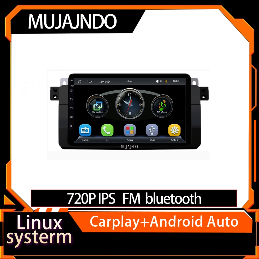 MUJAJNDO 9 นิ้ว linux headunit สําหรับ bmw e46 รองรับ carplay android auto mirror link fm บลูทูธด้าน