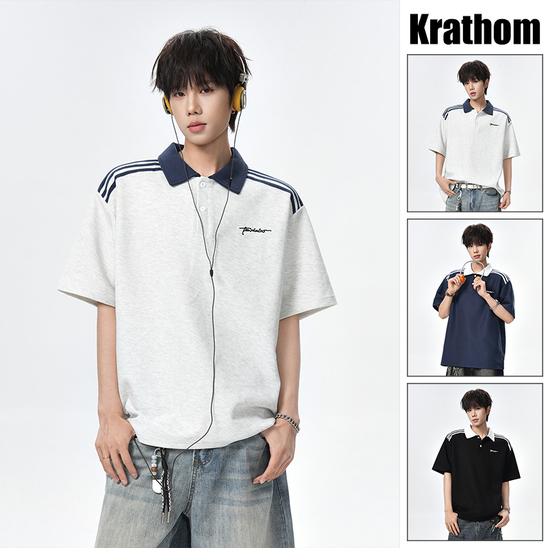 เสื้อโปโลลายทางสีตัดกันแบบอเมริกันย้อนยุคแฟชั่นลําลองทรงหลวมอเนกประสงค์ด้านบน