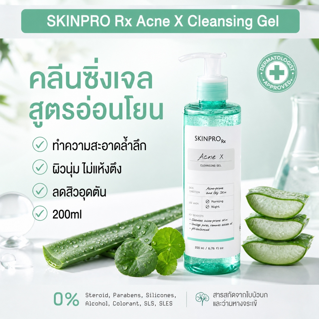 [ของแท้ 100%]SKINPRO Rx Acne X Cleansing Gel เป็นเจลล้างหน้าสูตรสําหรับผิวมัน/เป็นสิวง่าย ช่วยลดการเกิดสิว ขนาดใหญ่ 200มล.