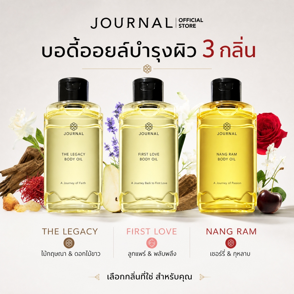 [ของแท้ 100%] Journal Body Oil 180ml (NANG RAM\The Legacy/First Love)บอดี้ออย ออยล์บำรุงผิว เนื้อบางเบา ซึมไว กลิ่นหวานฉ่ำจากลูกแพร์หอมสดชื่นจากพลับพลึง
