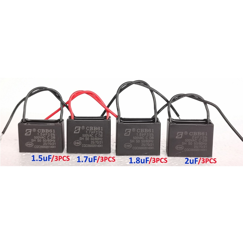 3 ชิ้นเดี่ยว 450 V-500VAC พัดลมเพดานตัวเก็บประจุพร้อมสายไฟ CBB61 พัดลมมอเตอร์เริ่มต้น 1.5uf/1.7uf/1.