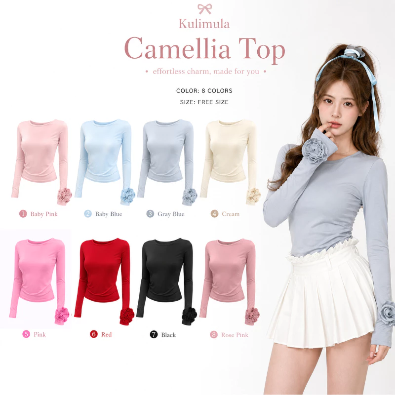 Kulimula Camellia Top: เสื้อแขนยาว ทรงเข้ารูป ปลายแขนแต่งดอกคาเมลเลีย คอกลม สไตล์หวาน/สาวหวาน