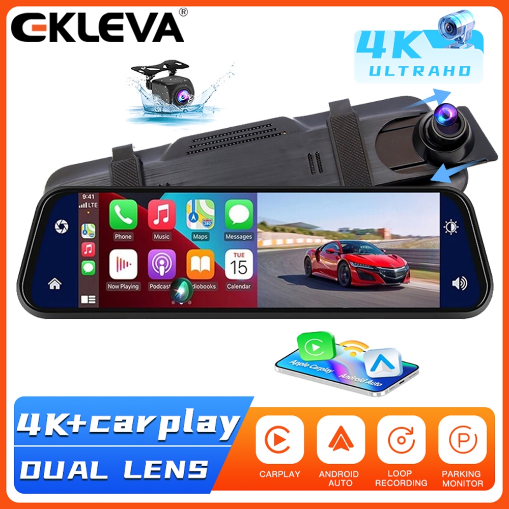 Ekleva 4K UHD 2160P Carplay Android Auto Dash Cam Stream กระจกมองหลัง GPS Navi WIFI รถ DVR Video กล้องบันทึกภาพเครื่องส่งสัญญาณ FM
