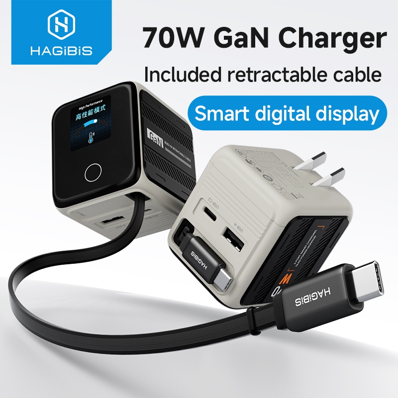 Hagibis Retractable USB C Charger ปลั๊กพับได้ 70W GaN Wall Charger พร้อมจอแสดงผล LED Fast Charging ส