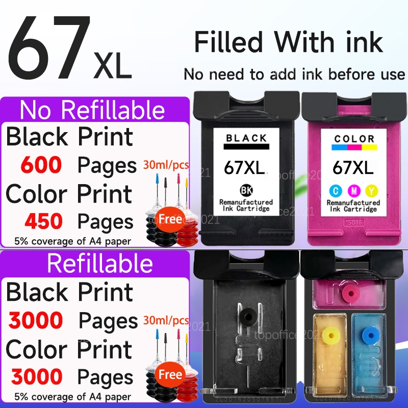 ใช้งานร่วมกับ HP 67 หมึก HP 67XL สีดํา HP67XL ตลับหมึกรีฟิลสําหรับ HP 2700 2722 2722 2723 2752 2755 