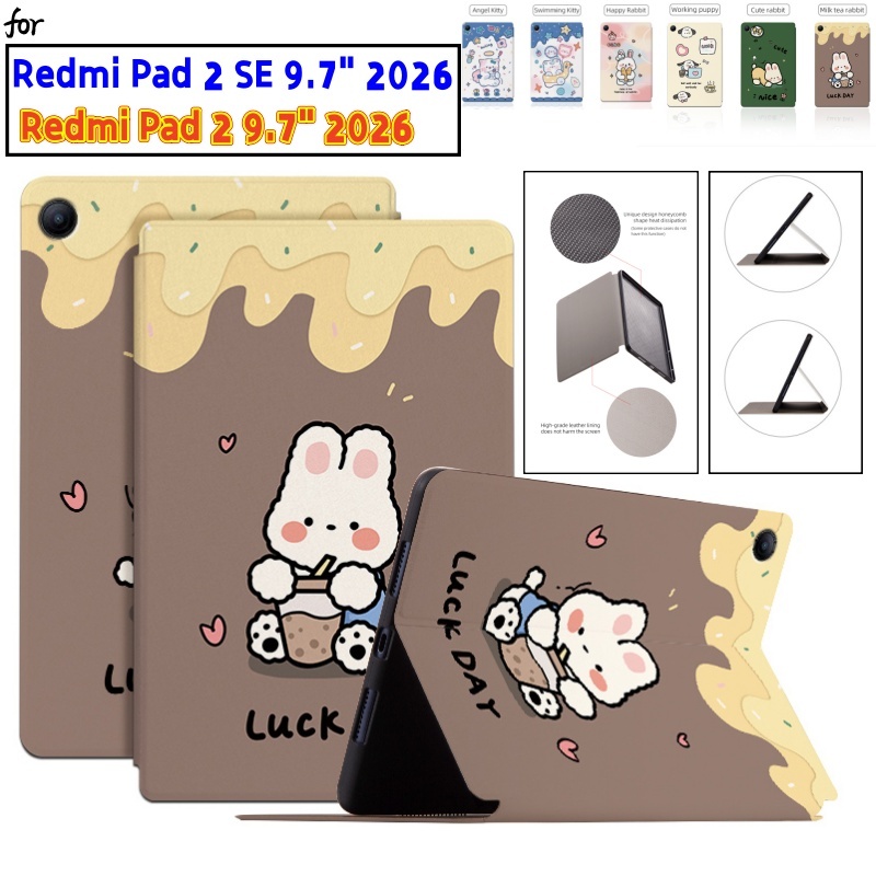 กันเหงื่อหนังกันลื่นสําหรับ Redmi Pad 2 9.7 "2026 Pad2 SE 4G WiFi 9.7 นิ้ว Xiaomi POCO Pad C1 2026 9.7 "บางขาตั้งหนัง PU การ์ตูนป้องกันหนังสือ Shocproof ฝาครอบ