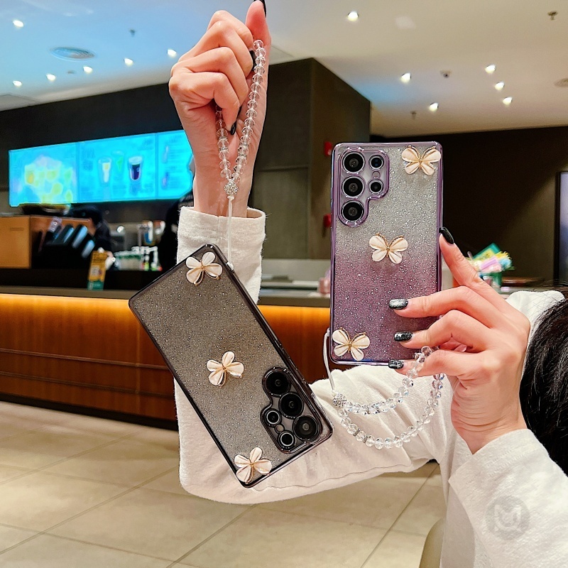 SAMSUNG สําหรับSamsung Galaxy A25 A14 A24 A34 A54 A13 A23 A33 A53 A73 5G A52 A52S A72 A04 A04 A04S 3Dผีเสื้อGlitterเลื่อมซิลิโคนนุ่มกลับกรณีโซ่
