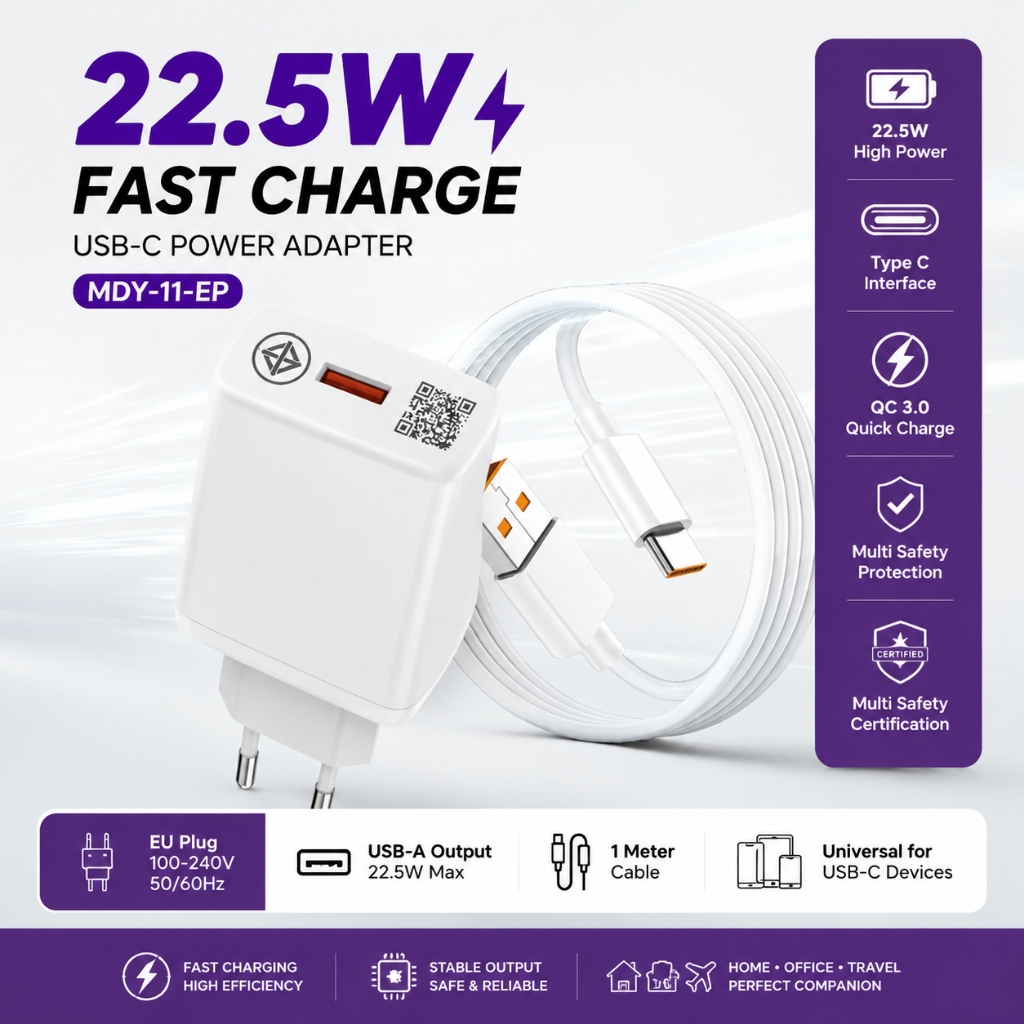 ชุดชาร์จเร็ว MDY-11-EP QC3.0 22.5W หัวชาร์จ USB ปลั๊ก EU พร้อมสาย Type C 1ม. สีขาว สำหรับ Xiaomi Red
