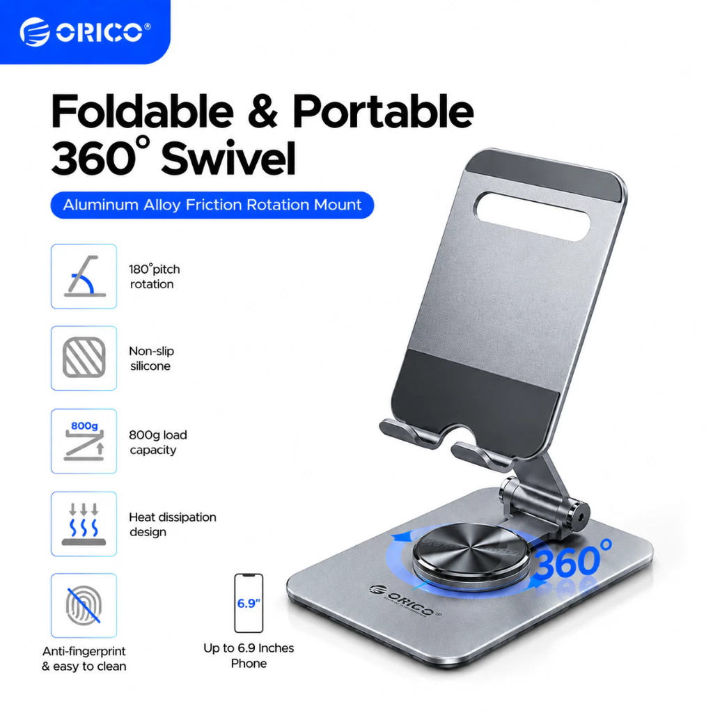 Orico 360 ที่วางมือถือ มีซิลิโคนกันลื่น น้ำหนักเบา พับเก็บได้ รองรับมือถือทุกรุ่นสูงสุด 6.8 นิ้ว (PS2)
