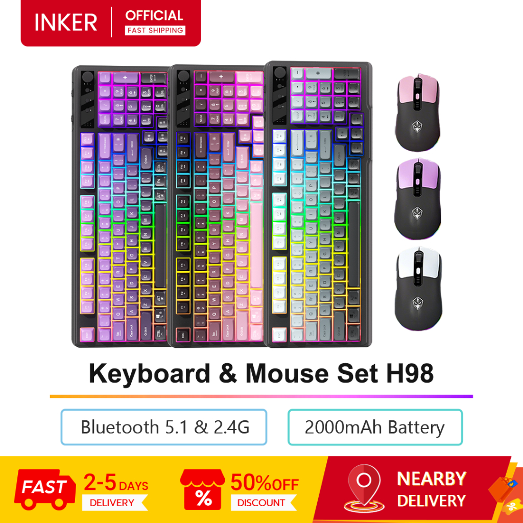 ชุดคีย์บอร์ดและเมาส์ INKER H98 บลูทูธ 5.1 และ 2.4G 2000mAh แบตเตอรี่ 30dB คีย์บอร์ดไร้สายปุ่มเงียบ