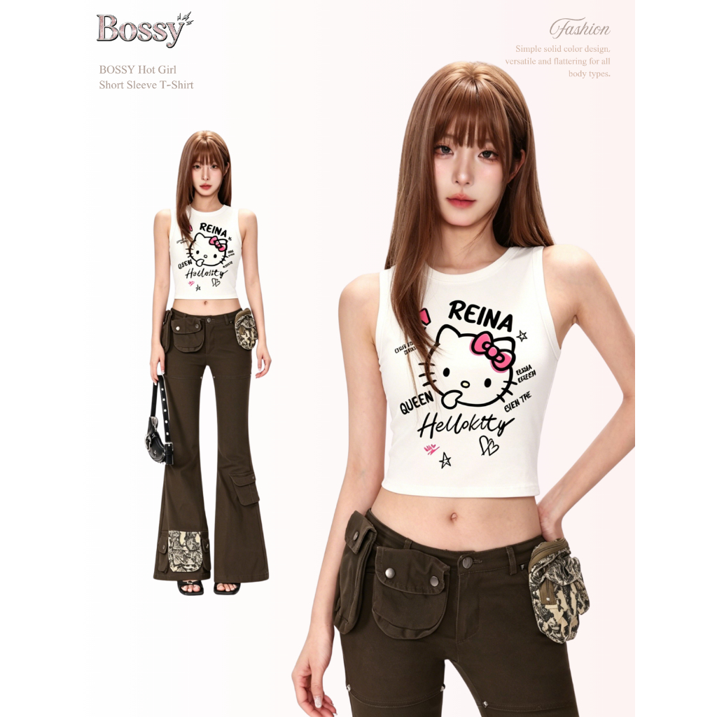 BOSSY เสื้อกล้ามสาวแซ่บ ลาย Hello Kitty และตัวอักษร สไตล์อเมริกันวินเทจ ผ้าฝ้าย100%#C+5493