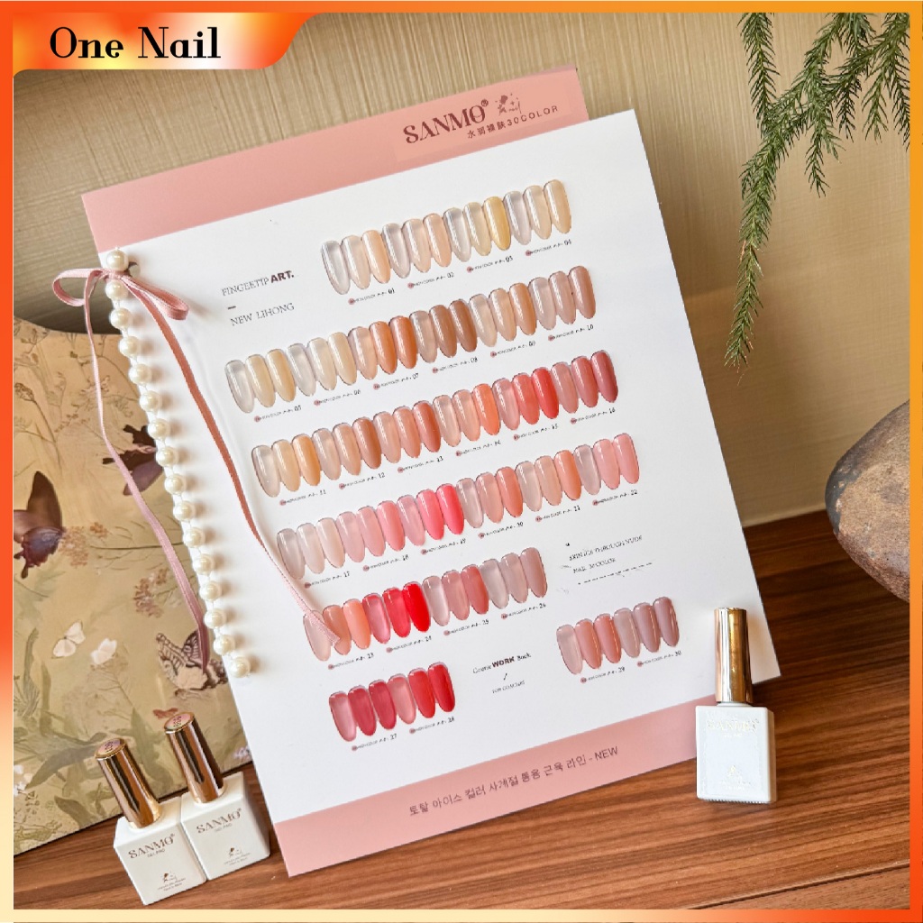 SANMO ชุดแต่งเล็บ 30 สี (กาวยาทาเล็บสีชมพูนู้ดใสกึ่งใส) ฟรีการ์ดสี+โซ่มุก ริบบิ้นริบบิ้น ราคา ถูกที่สุด ดีลบีเคเค