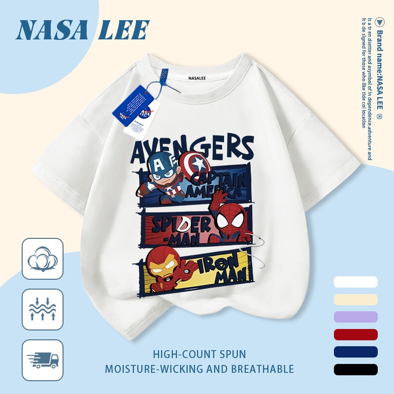 [จัดส่งในวันเดียวกัน] นาซ่า เด็กสีขาวผ้าฝ้ายแท้ระบายอากาศเสื้อยืดการ์ตูนสไปเดอร์แมนอินเทรนด์การพิมพ์ 3-16 ปีชายหญิงลําลองแขนสั