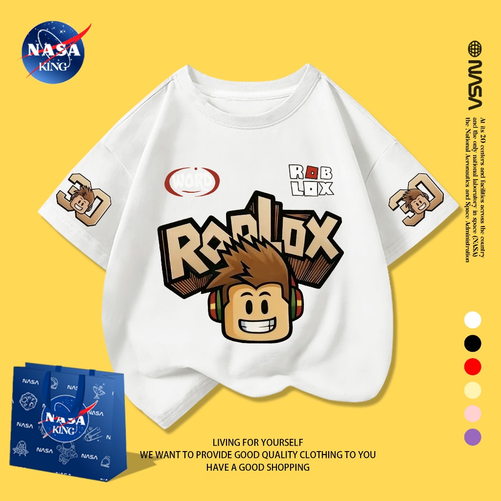 【จัดส่งภายใน 24 ชั่วโมง】NASA เสื้อยืดเด็กแขนสั้นสีขาว ผ้าฝ้ายแท้ ลายการ์ตูน Roblox สไตล์เกาหลี