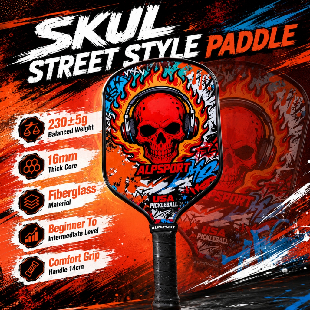 ALP Skull ไม้พิกเคิลบอล Pickleball Paddle แพ็คคู่ 2 ชิ้น ลายหัวกะโหลก Halloween Ghost 16mm PP Honeycomb Core หน้า Fiberglass น้ำหนักเบา คุมง่าย จับถนัดมือ เหมาะมือใหม่-ระดับกลาง ผู้ใหญ่ เล่นในร่มกลางแจ้ง อุปกรณ์กีฬา ALPSPORT