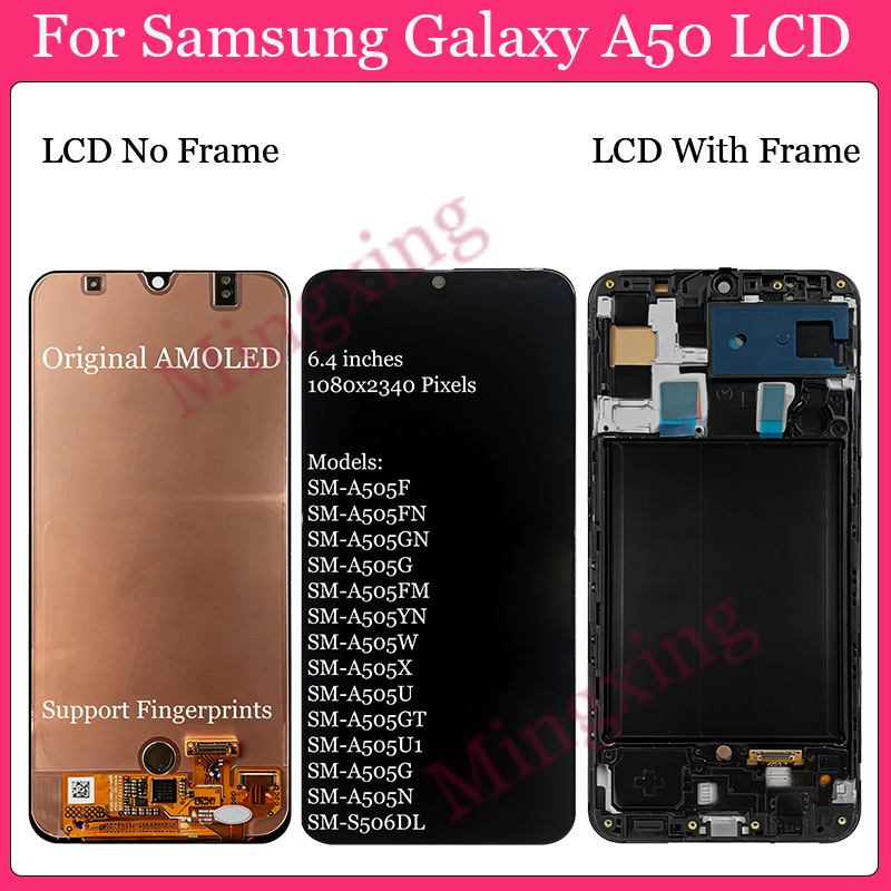 Original AMOLED สําหรับ Samsung Galaxy A50 A50s จอแสดงผล LCD หน้าจอสัมผัสพร้อมการเปลี่ยนกรอบ