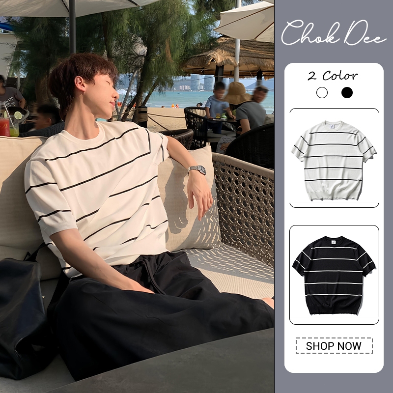 เสื้อยืดผู้ชายสไตล์เกาหลีลายทางผ้าถักแขนสั้นหลวมสบาย